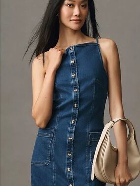 Maeve High Square-Neck Button-Front Denim Mini Dress - Small